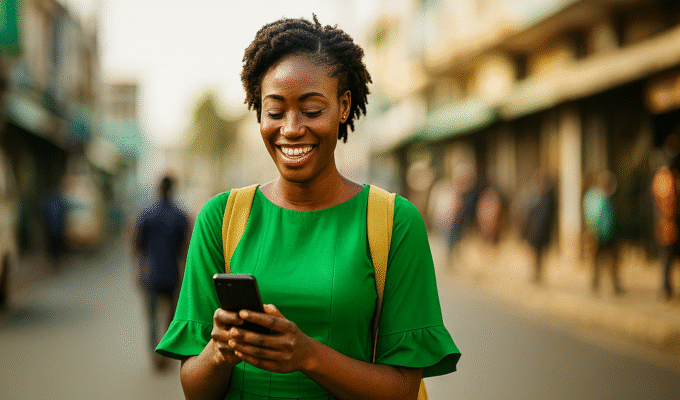 A smiling Nigerian woman in a bright green dress and backpack stands on a bustling city street, looking down at her smartphone while sunlight softly illuminates her face.