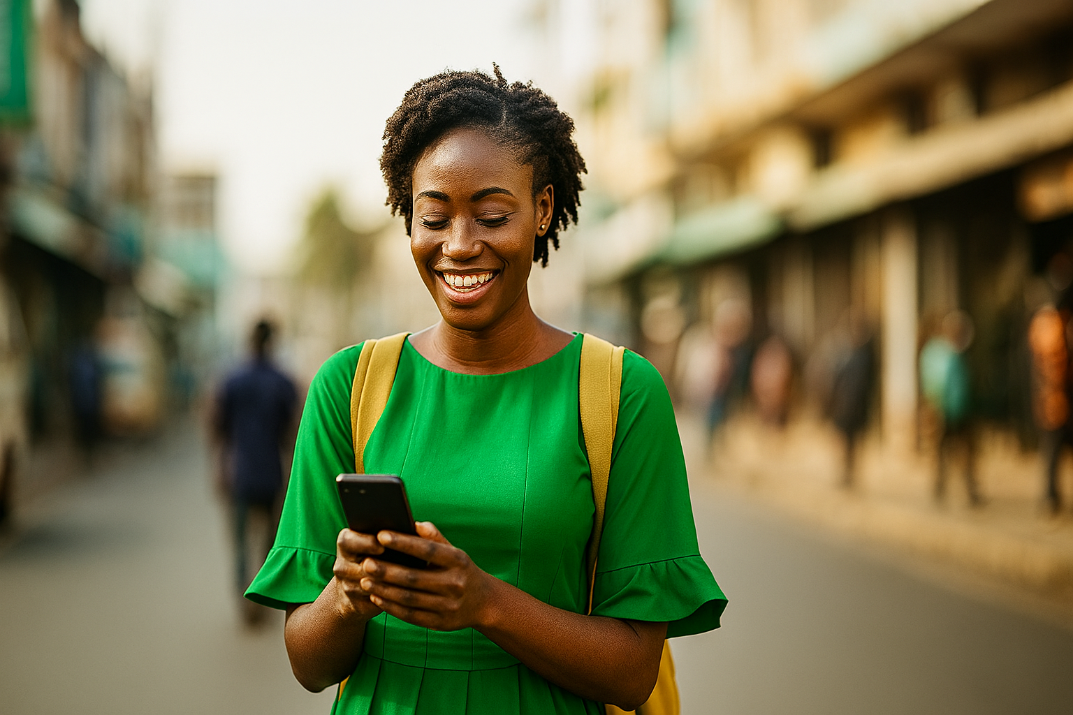 A smiling Nigerian woman in a bright green dress and backpack stands on a bustling city street, looking down at her smartphone while sunlight softly illuminates her face.