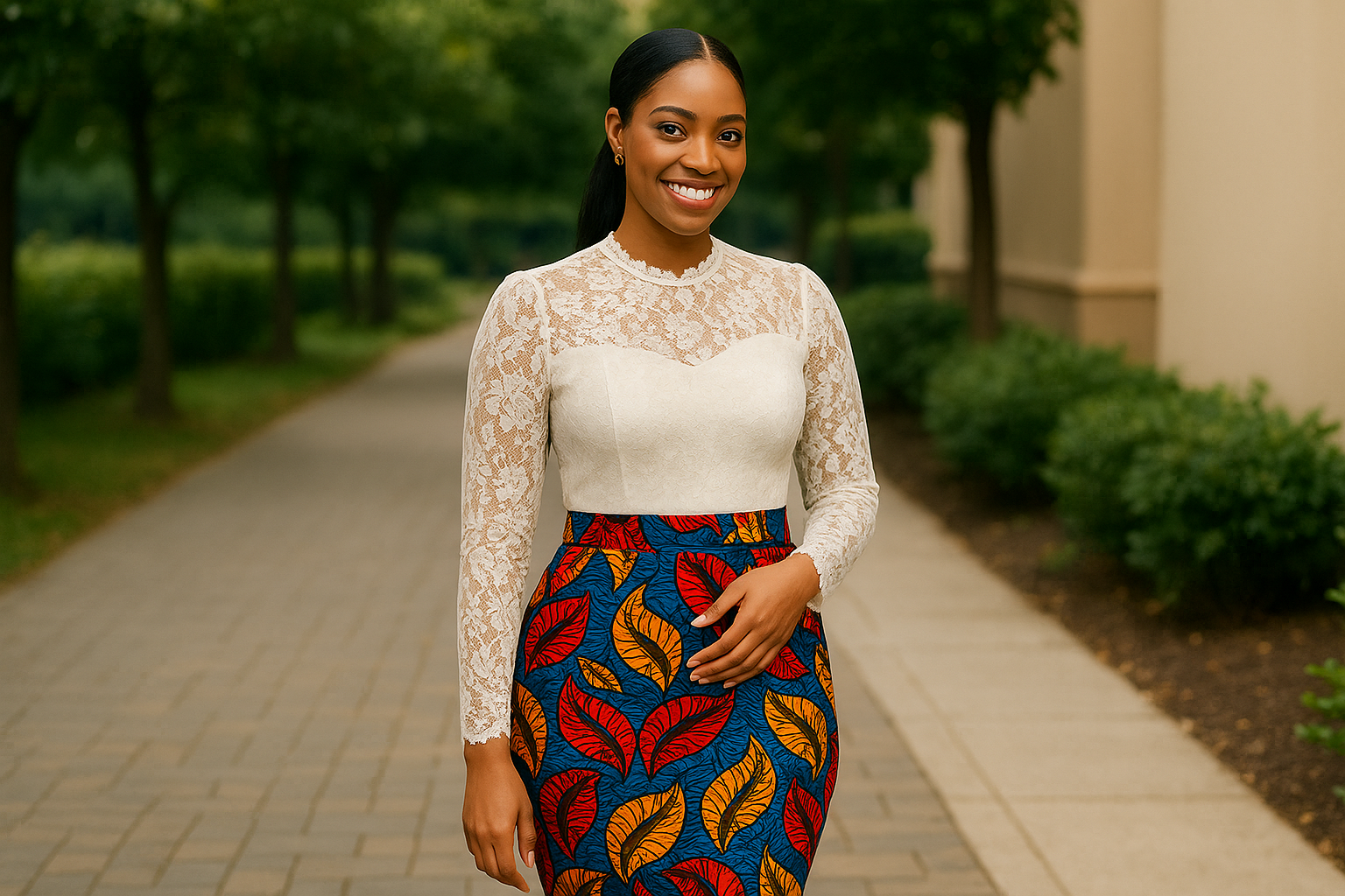 A Nigerian woman with a warm smile stands on a tree-lined path, wearing a fitted Ankara pencil skirt with red and gold leaf motifs and a modest cream lace blouse, celebrating cultural style with confidence.