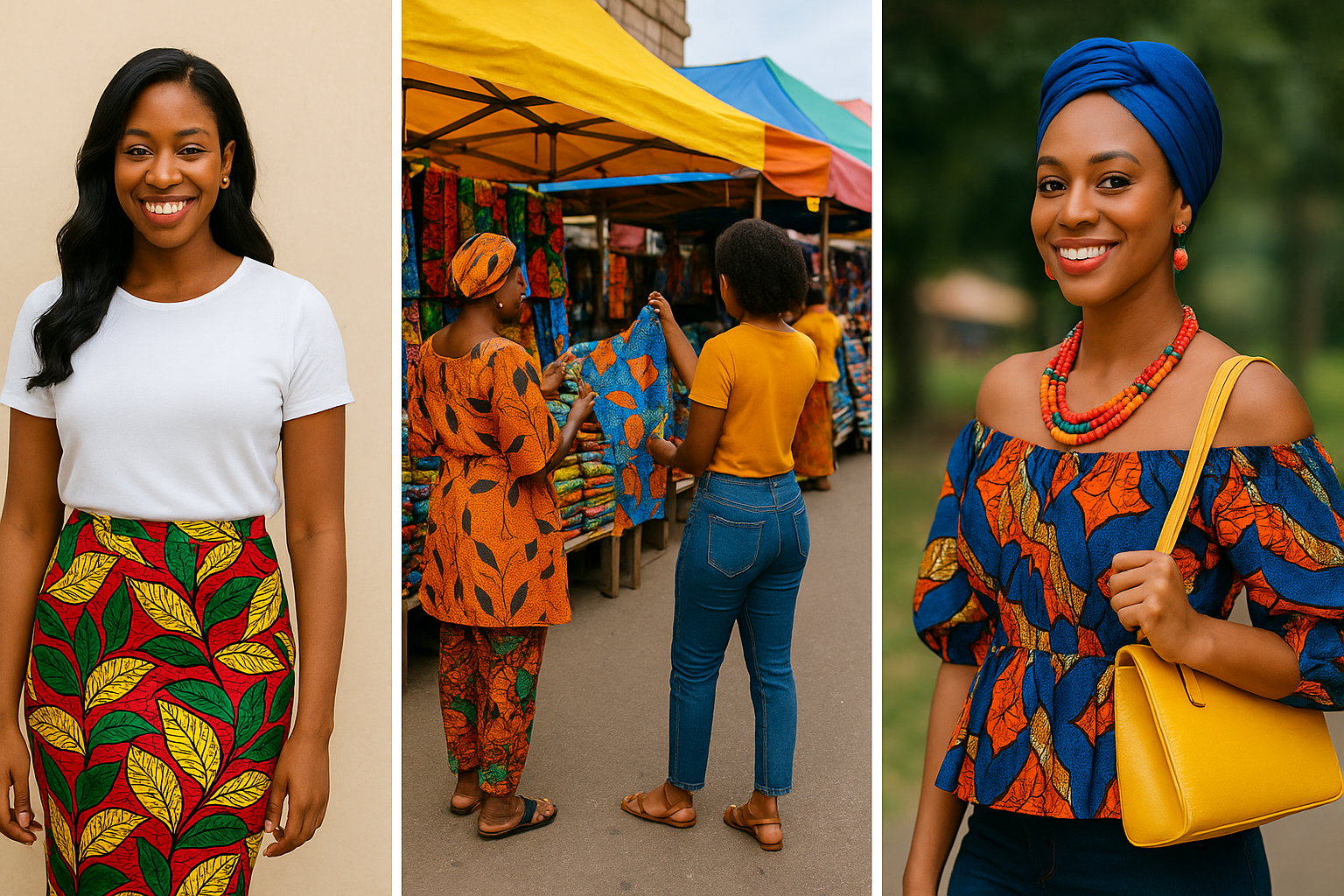 Three-part collage illustrating affordable Ankara style: (1) a Nigerian woman in a vibrant green-and-red Ankara pencil skirt with a plain white top; (2) two women shopping Ankara fabric at a colorful open-air market stall; (3) a smiling woman wearing a blue-and-orange off-shoulder Ankara top, blue headwrap, beaded necklace, and yellow handbag.
