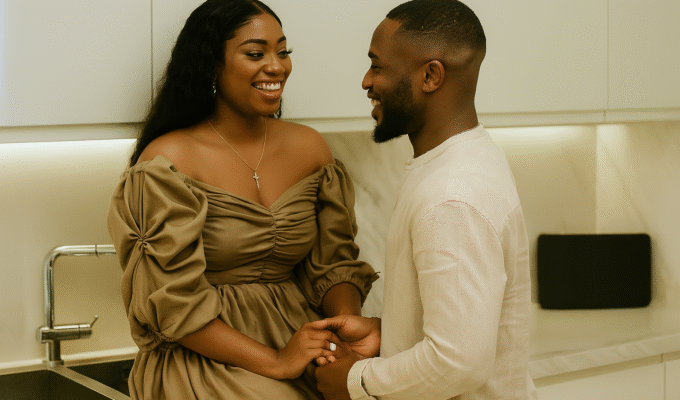 A Nigerian couple smiling and holding hands in a modern kitchen, the woman sitting on the counter in a ruched beige dress while the man, in a light linen shirt, stands facing her. Their expressions show trust, warmth, and honest connection.