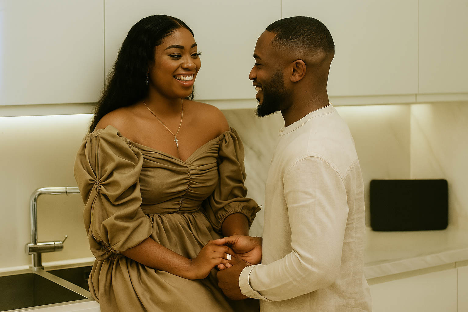 A Nigerian couple smiling and holding hands in a modern kitchen, the woman sitting on the counter in a ruched beige dress while the man, in a light linen shirt, stands facing her. Their expressions show trust, warmth, and honest connection.