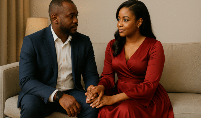 Nigerian couple having an honest conversation on a couch, showing respect and understanding while resolving relationship conflict