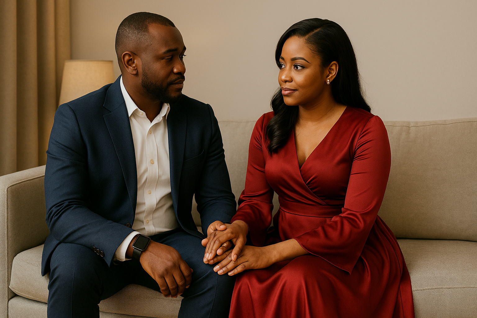 Nigerian couple having an honest conversation on a couch, showing respect and understanding while resolving relationship conflict