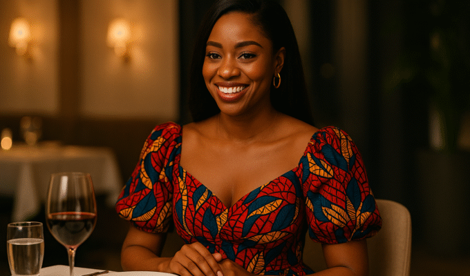 Stylish Nigerian woman in an Ankara dress smiling confidently on a romantic dinner date, showing the best date night fashion inspiration for women in Nigeria.