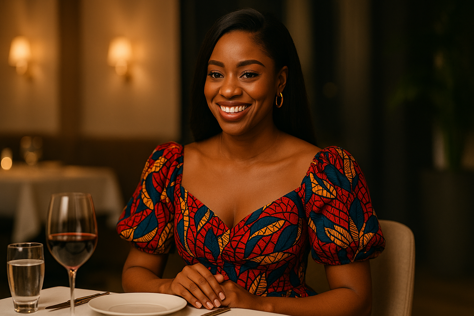 Stylish Nigerian woman in an Ankara dress smiling confidently on a romantic dinner date, showing the best date night fashion inspiration for women in Nigeria.