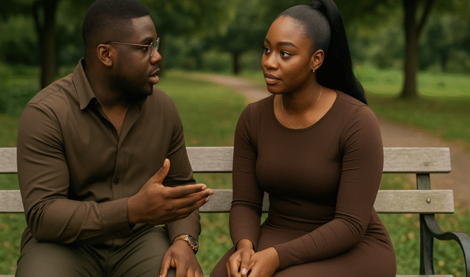 Nigerian couple having an honest and respectful conversation on a park bench, showing emotional connection and healthy relationship boundaries