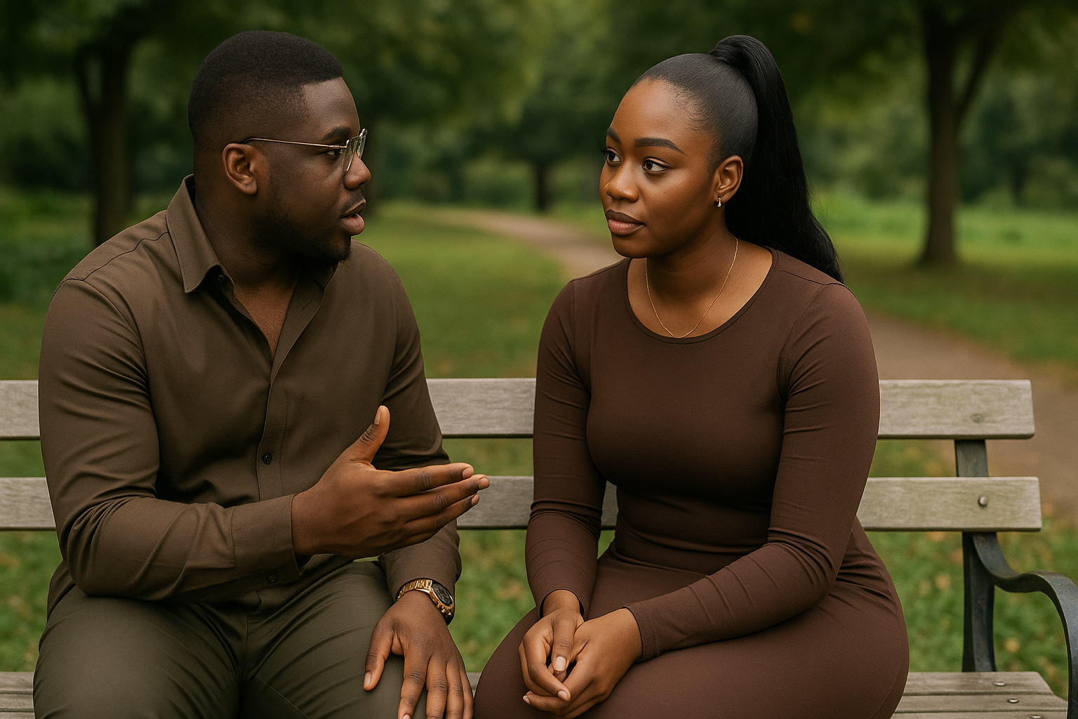 Nigerian couple having an honest and respectful conversation on a park bench, showing emotional connection and healthy relationship boundaries