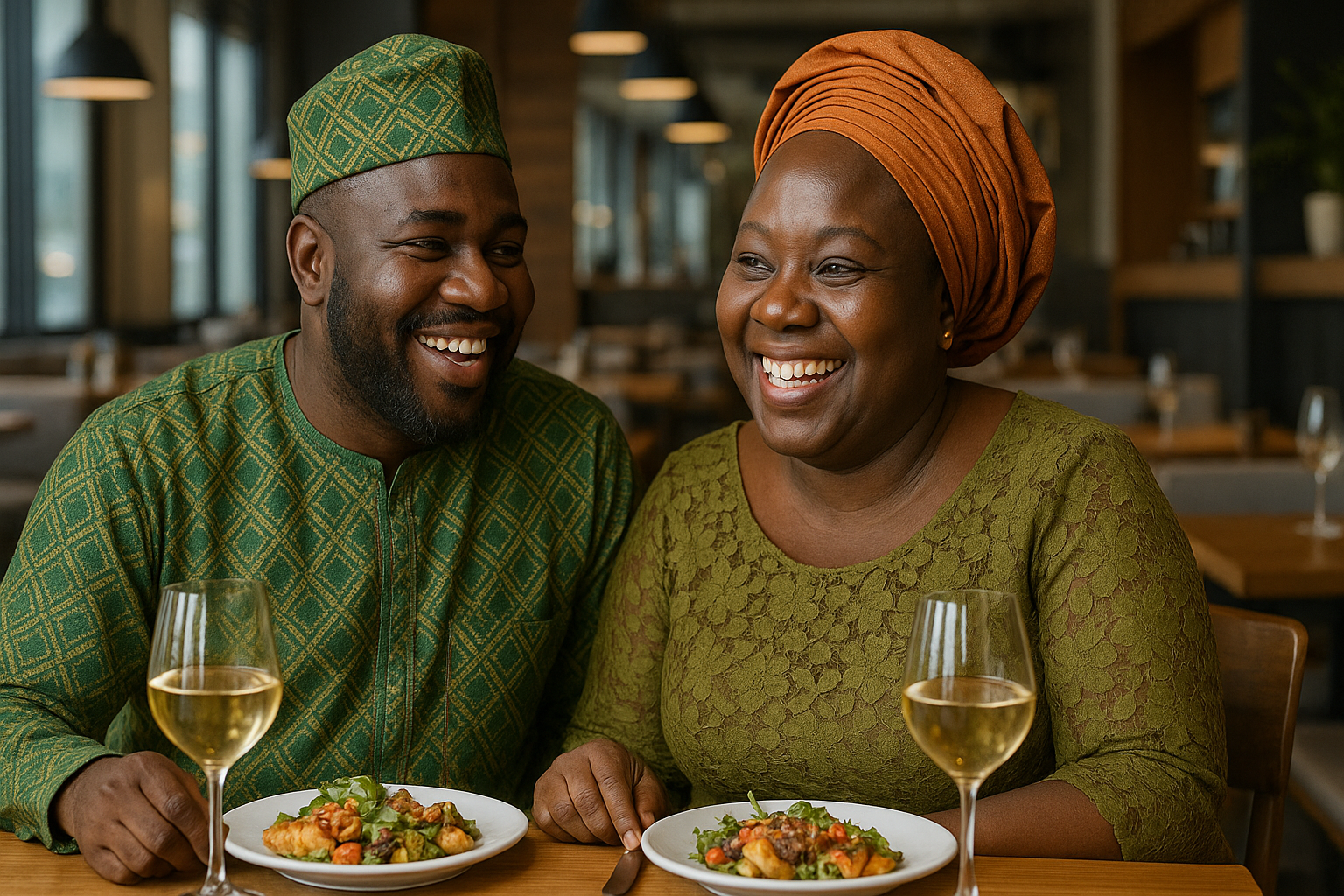 Smiling Nigerian couple enjoying a first date dinner in Lagos with wine and traditional food