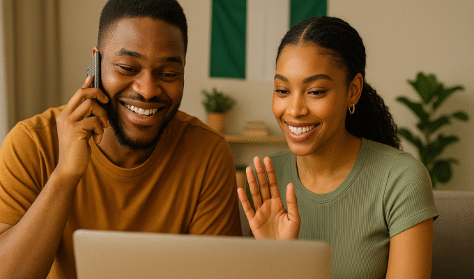 Nigerian couple smiling during a video call, maintaining their long-distance relationship with love and laughter