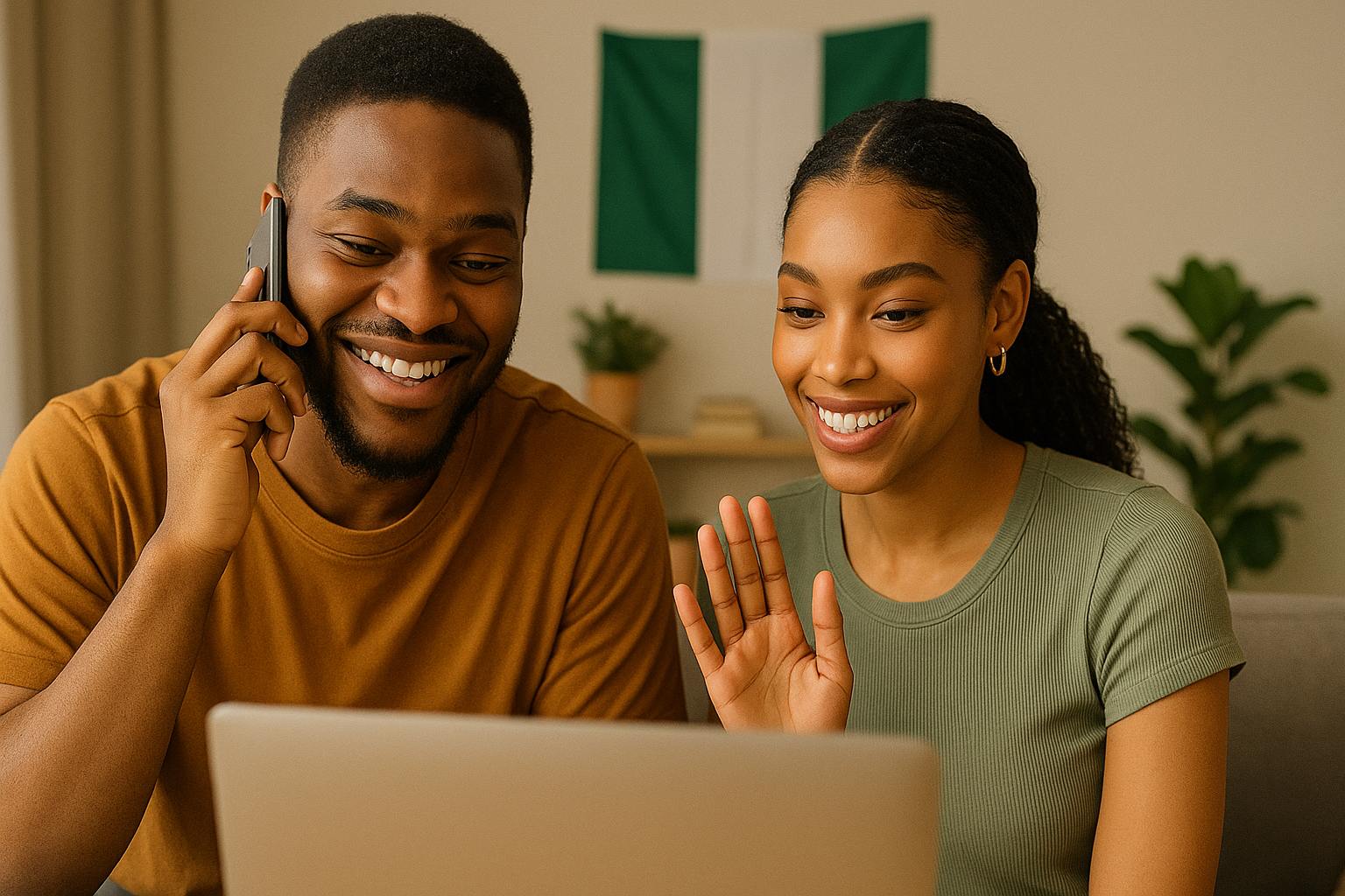 Nigerian couple smiling during a video call, maintaining their long-distance relationship with love and laughter