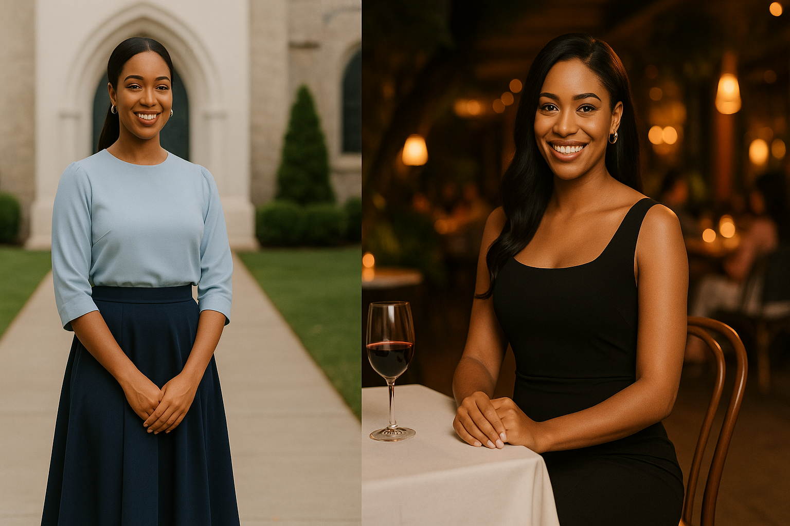 Side-by-side portraits of a Nigerian woman illustrating two date outfits: on the left she stands outside a church in a light-blue blouse with a navy flowy skirt; on the right she sits in a candle-lit Lagos restaurant wearing an elegant little black dress, demonstrating how to match your look to the occasion.
