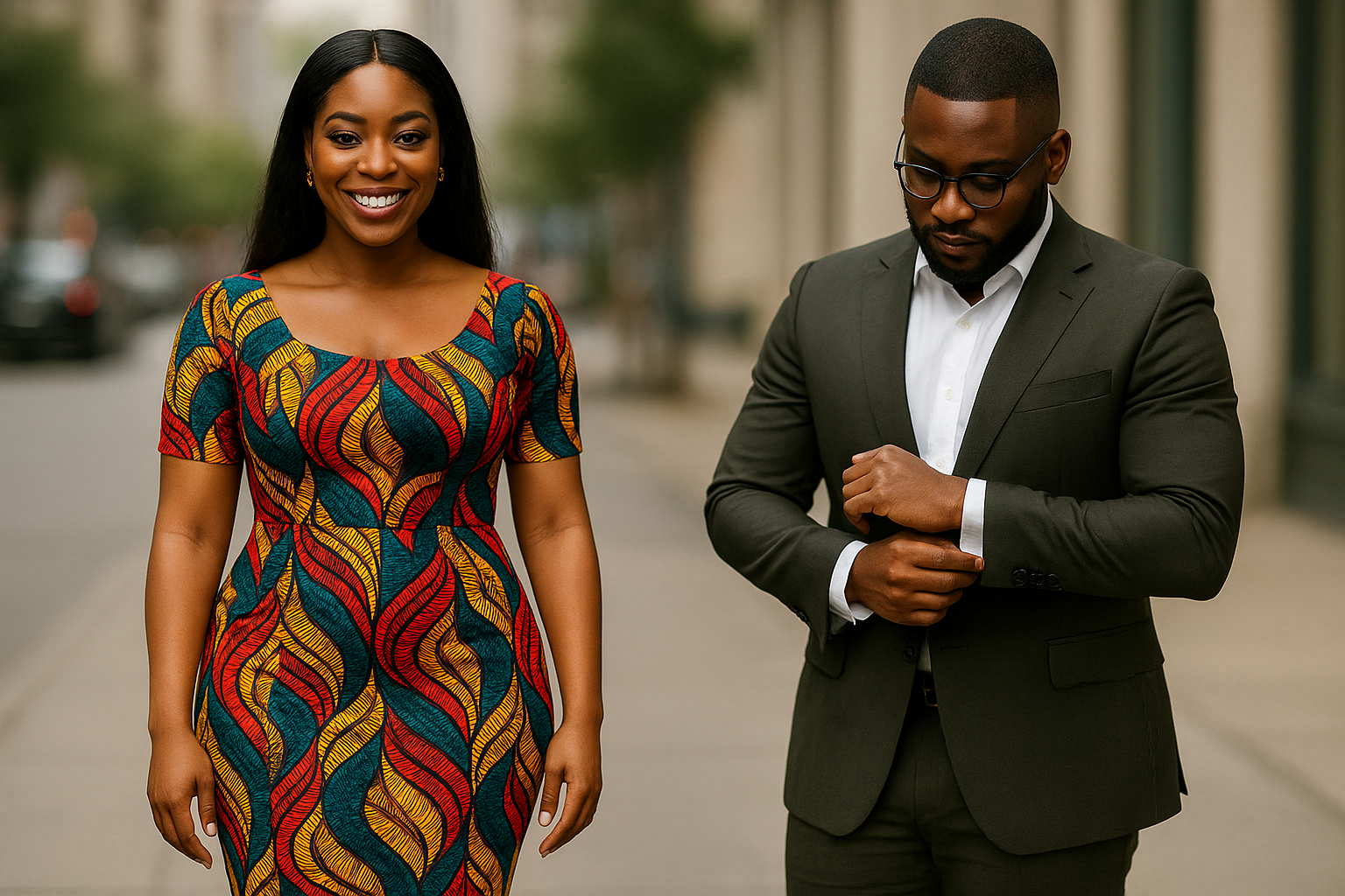 A stylish Nigerian couple walks along a city street: the woman wears a perfectly tailored, curve-hugging Ankara dress in red, gold, and teal, while the man adjusts the cuff of his fitted olive suit and crisp white shirt—both showcasing impeccable grooming and confidence.