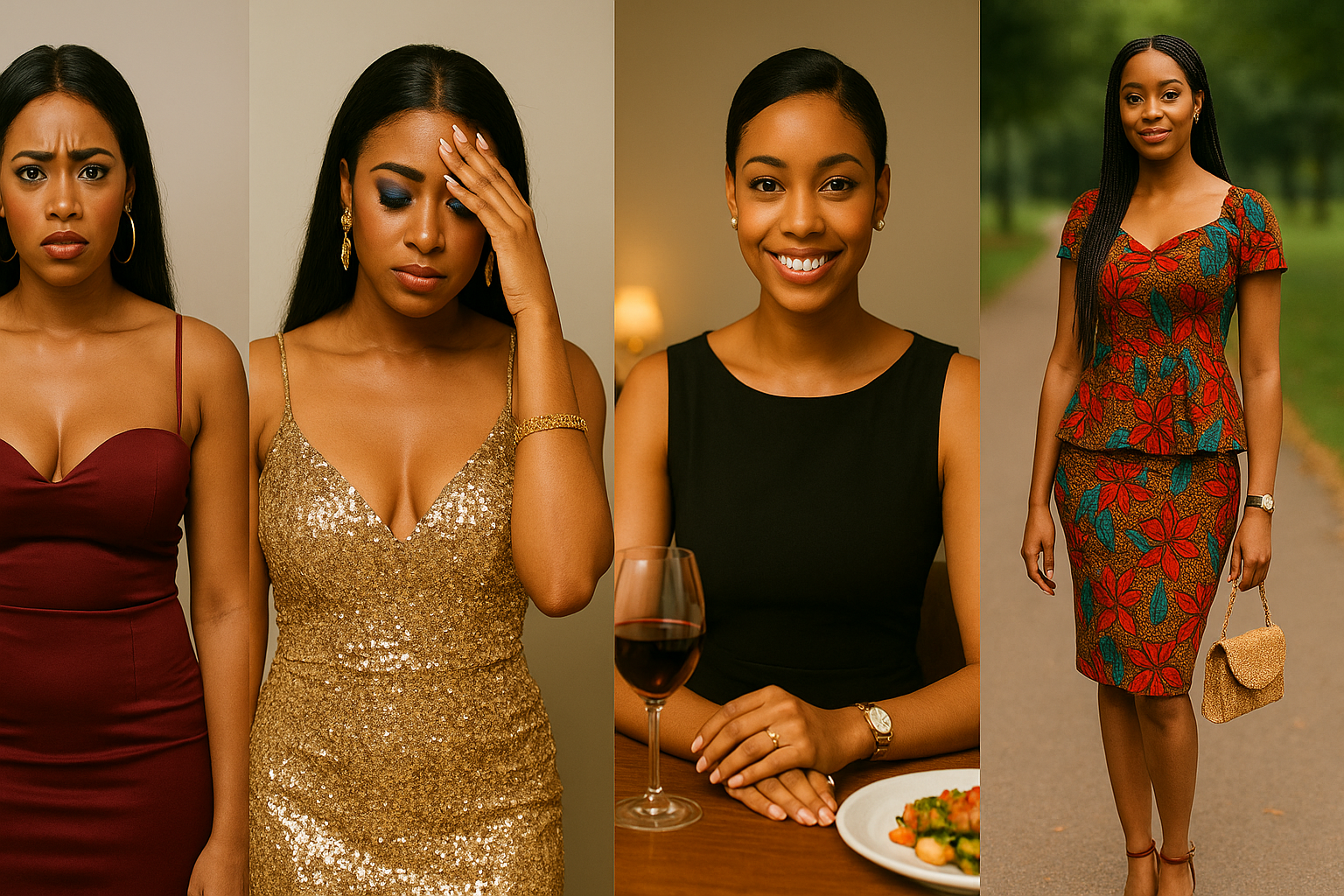 Side-by-side composite of four portraits showing Nigerian first-date outfit dos and don’ts. Panel 1: woman in a wine-red spaghetti-strap body-con dress revealing deep cleavage. Panel 2: same woman in a gold sequin gown with heavy blue eye-shadow, hand on forehead in frustration. Panel 3: woman in a simple little black dress, subtle makeup, seated at a table with wine, smiling confidently. Panel 4: woman outdoors in a modest Ankara peplum skirt-set, relaxed and polished. The series contrasts over-revealing or overdressed looks with well-fitted, venue-appropriate styles.