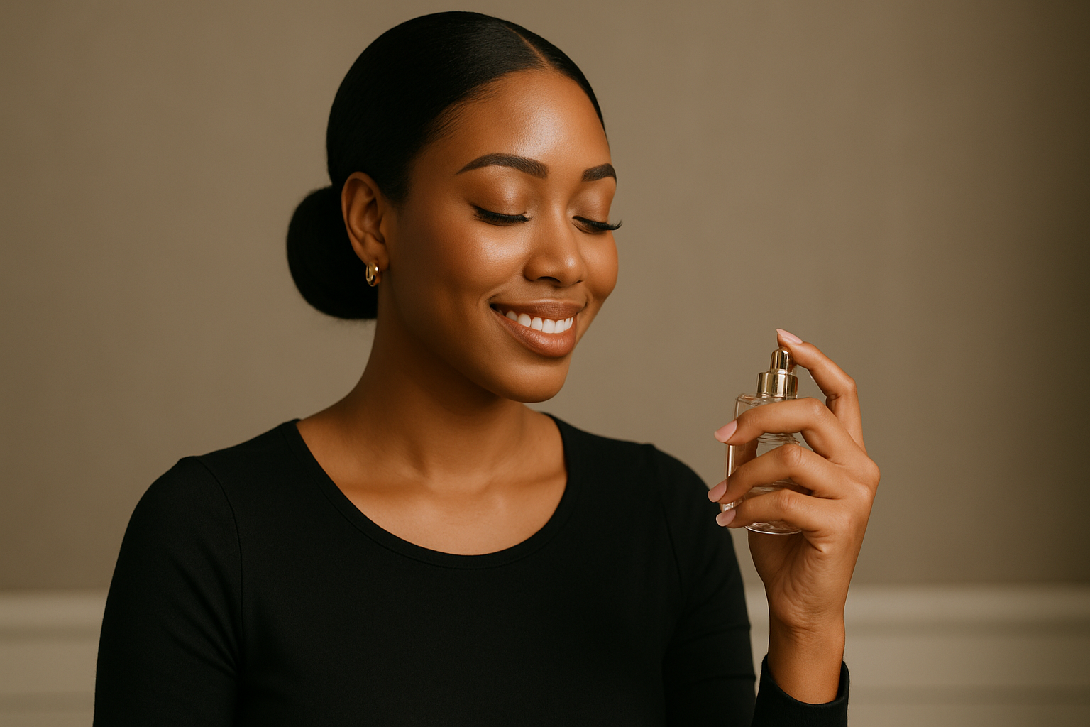 A young Nigerian woman with a sleek low-bun hairstyle and natural makeup smiles softly while spritzing a clear glass perfume bottle, showcasing polished nails and a simple black top.