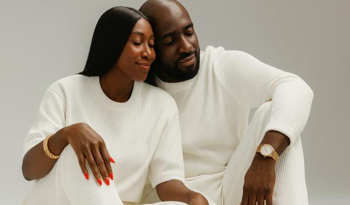 A stylish Nigerian couple dressed in white luxury outfits and gold accessories, embracing warmly with their eyes closed and gentle smiles, expressing trust and deep affection.