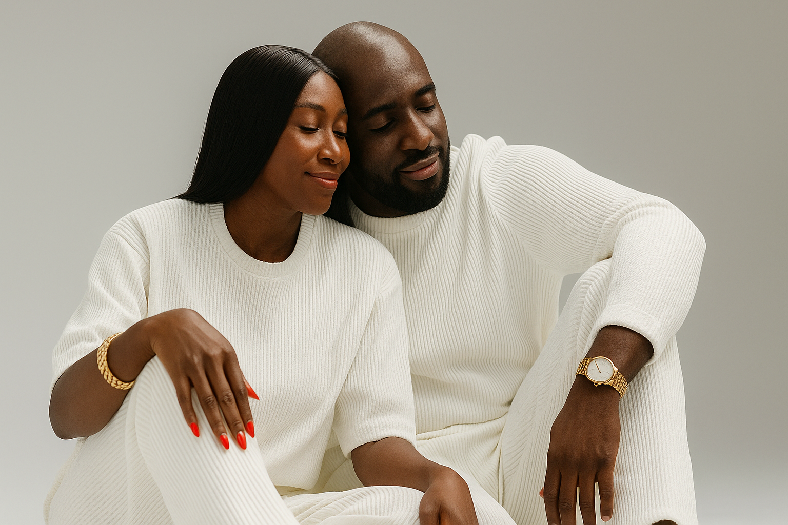 A stylish Nigerian couple dressed in white luxury outfits and gold accessories, embracing warmly with their eyes closed and gentle smiles, expressing trust and deep affection.