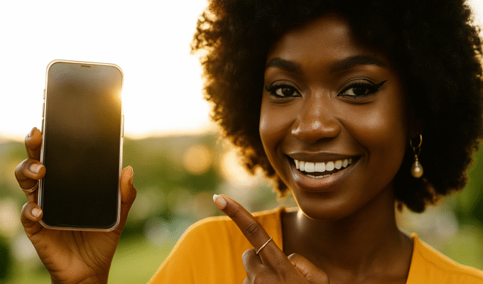 Nigerian woman smiling while texting on her phone in a cozy café, showing positive texting etiquette and relaxed dating vibes