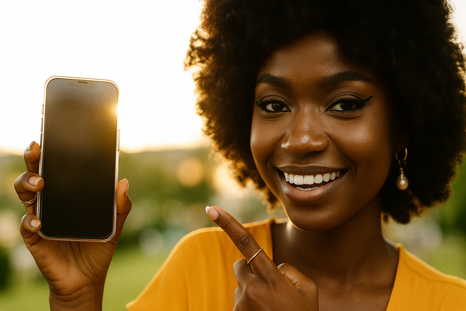 Nigerian woman smiling while texting on her phone in a cozy café, showing positive texting etiquette and relaxed dating vibes