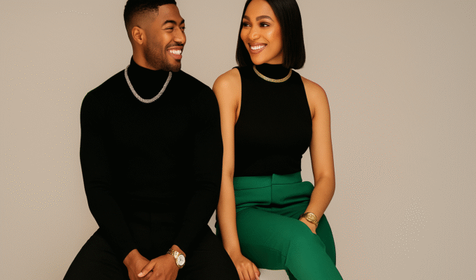 Nigerian couple on a first date smiling and dressed stylishly in modern casual outfits, showcasing confident fashion for dating in Nigeria