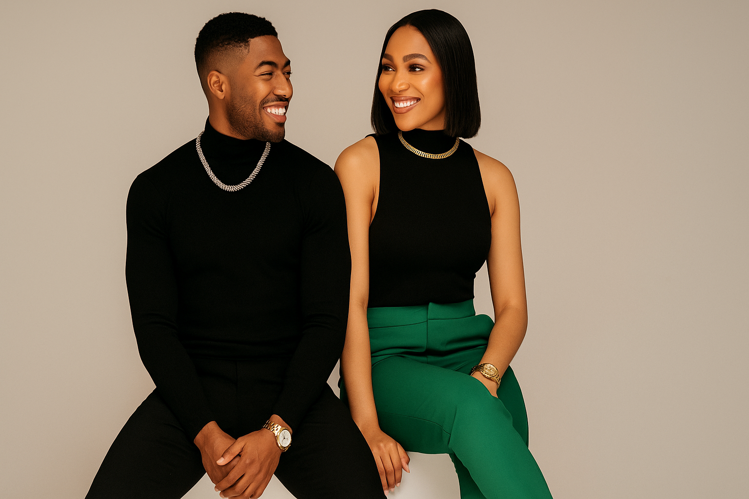 Nigerian couple on a first date smiling and dressed stylishly in modern casual outfits, showcasing confident fashion for dating in Nigeria