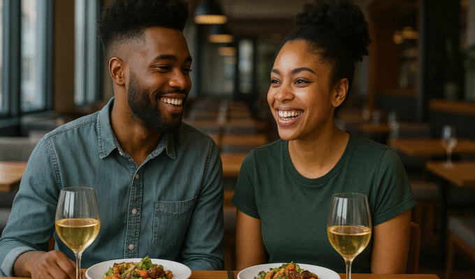 Stylish Nigerian couple enjoying a relaxed first date dinner, smiling across the table