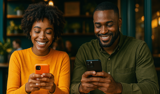 Young Nigerian couple in a chic Lagos café smiling at glowing phone screens while swiping on the best 2025 dating apps, cappuccinos on the table in warm natural light.