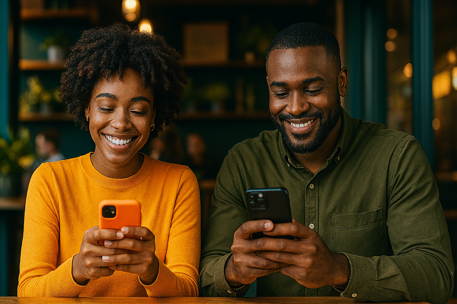 Young Nigerian couple in a chic Lagos café smiling at glowing phone screens while swiping on the best 2025 dating apps, cappuccinos on the table in warm natural light.
