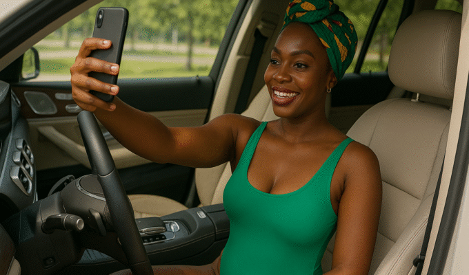 Confident Nigerian woman in a green swimsuit taking a vibrant selfie behind the wheel of a luxury Mercedes GLS, showcasing style and empowerment.