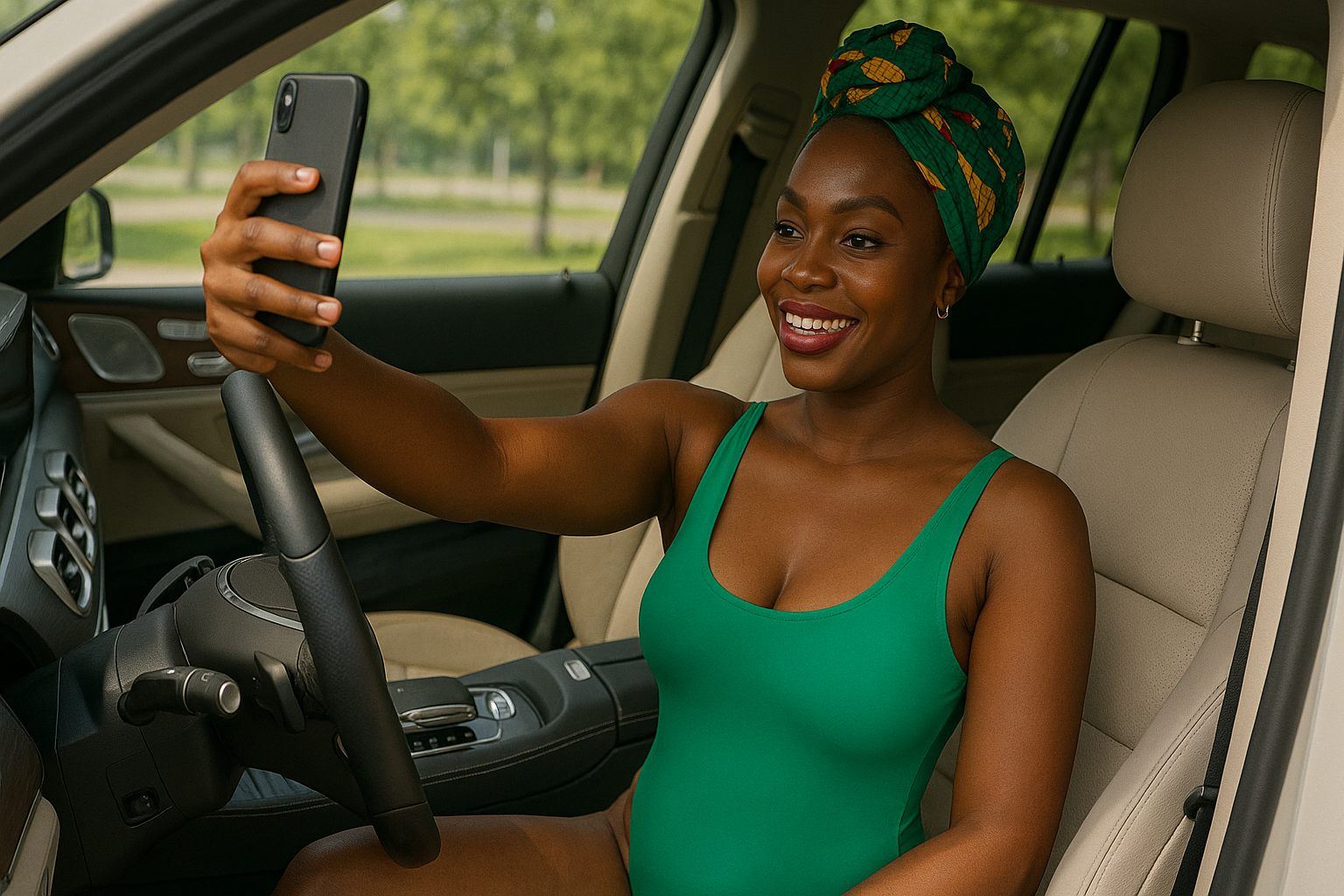 Confident Nigerian woman in a green swimsuit taking a vibrant selfie behind the wheel of a luxury Mercedes GLS, showcasing style and empowerment.