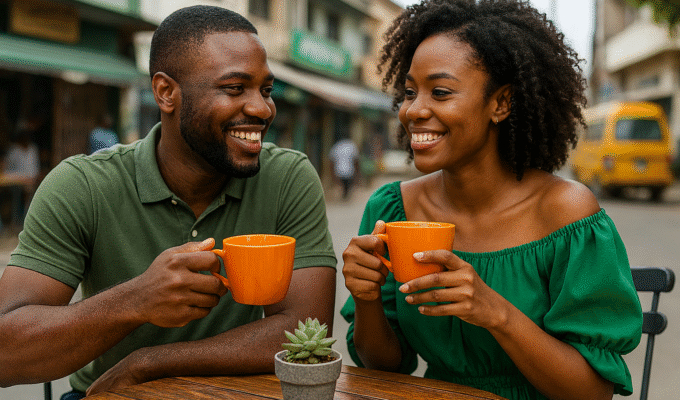 Smiling Nigerian couple enjoying coffee at an outdoor Lagos café after the man confidently asked her on a date—illustrating tips from the “How to Ask Someone on a Date in Nigeria” guide.