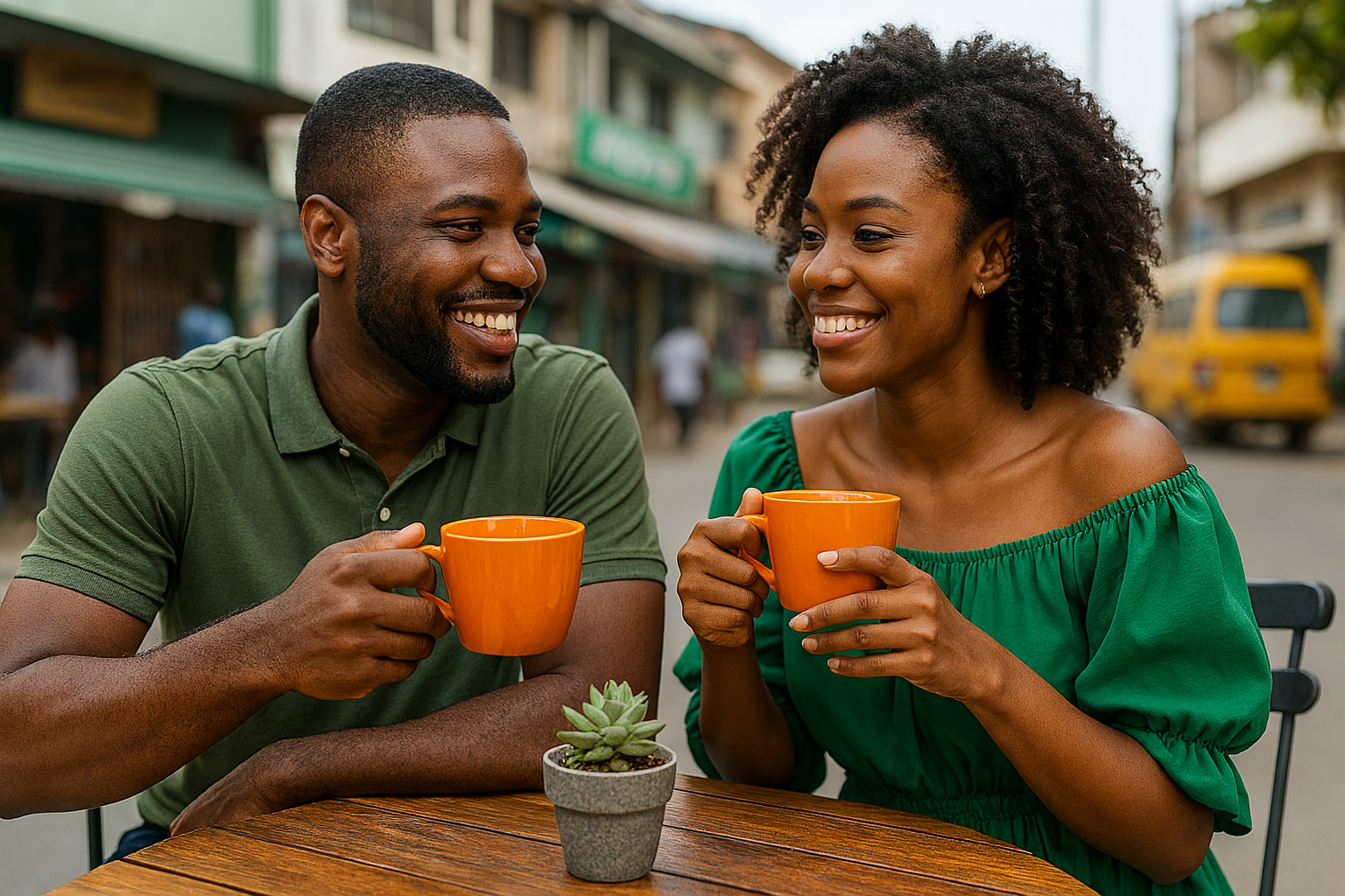 Smiling Nigerian couple enjoying coffee at an outdoor Lagos café after the man confidently asked her on a date—illustrating tips from the “How to Ask Someone on a Date in Nigeria” guide.